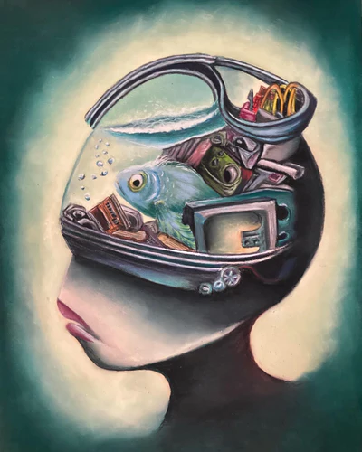 A woman in profile, with a fishbowl for a head.